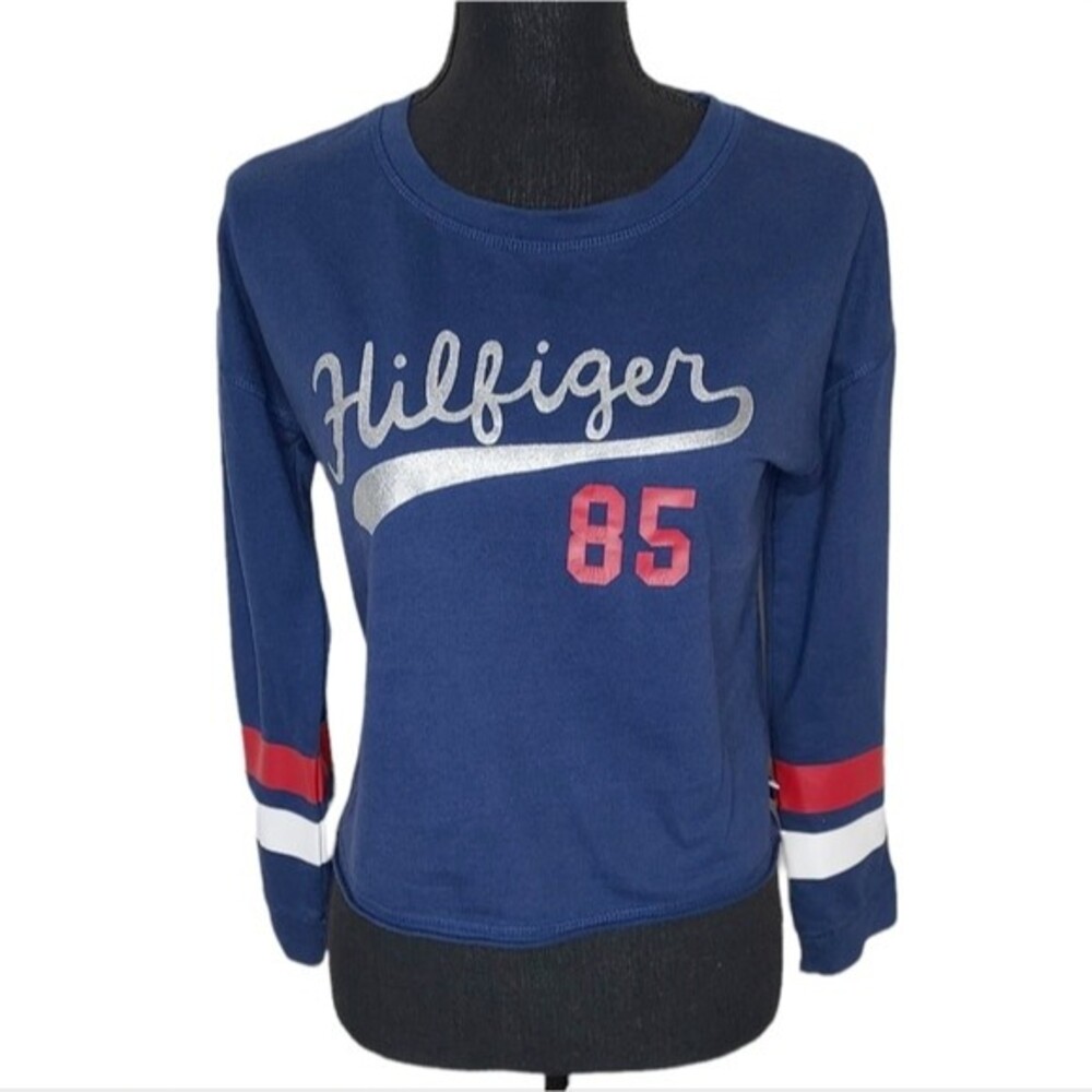 Tommy Hilfiger Women L Silver Logo Cropped Raw Edge Long Sleeve Knit Shirt
